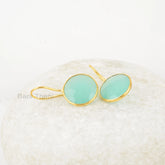 Handmade Bezel Aqua Chalcedony Gemstone Earring, Round 15mm Gemstone Silver Drop Earrings, 18k Gold Plated Earrings For Women's Gift Earring